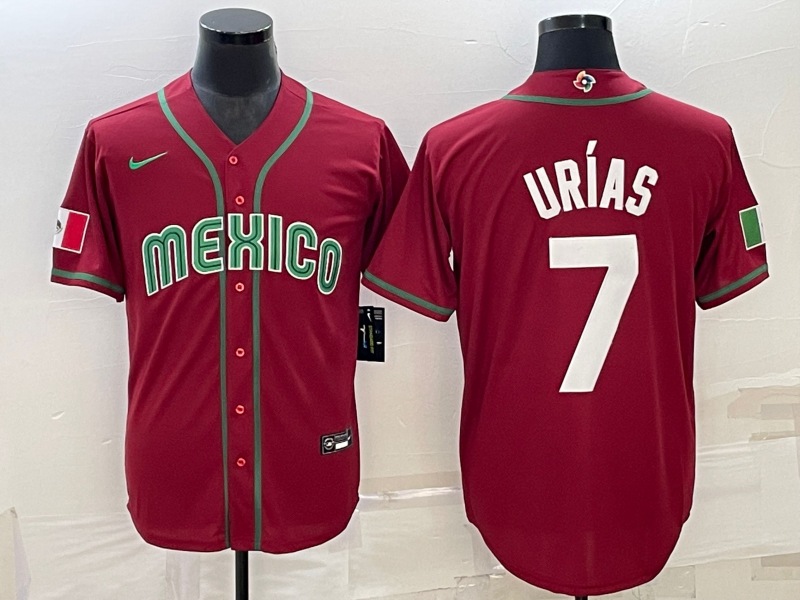 Men's Mexico Baseball #7 Julio Urías 2023 Red World Baseball Classic Stitched Jersey
